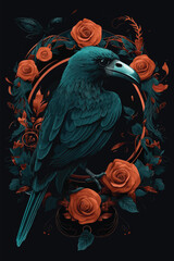 Fototapeta premium Turquoise crow and retro pattern background. vector illustration. raven and rose.