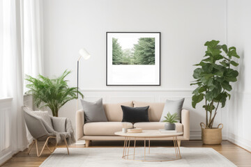 Scandinavian living room with blank poster frame, beige sofa, and green plant