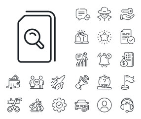 File with Magnifying glass sign. Salaryman, gender equality and alert bell outline icons. Search Documents line icon. Paper page concept symbol. Search files line sign. Vector