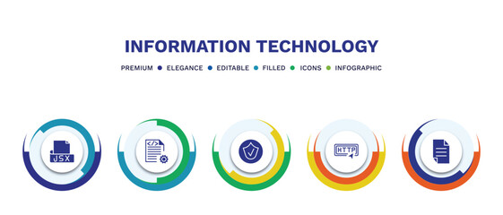 set of information technology filled icons. information technology filled icons with infographic template. flat icons such as jsx, compiler, authorize, http, page vector.