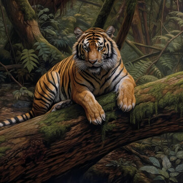 bengal tiger resting on a  fallen tree in a forest