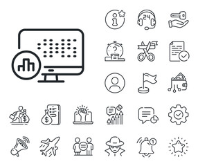 Column graph sign. Salaryman, gender equality and alert bell outline icons. Report statistics line icon. Growth diagram symbol. Report statistics line sign. Spy or profile placeholder icon. Vector