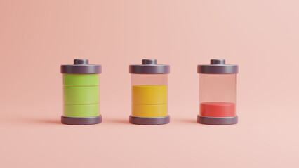 Three batteries with different charge of energy on a light pink background. Concept charge and energy. 3D rendering Illustration