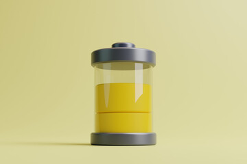 Battery with yellow level indicator on light yellow background. Concept charge and energy. 3D rendering Illustration