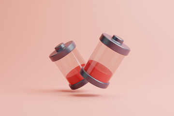 Two batteries with low charge on light pink background. Concept charge and energy. 3D rendering Illustration