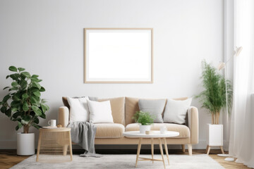 Fototapeta na wymiar Scandinavian living room with blank poster frame, beige sofa, and green plant
