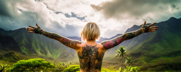A tattooed woman with blonde hair seen from behind raising her arms as a sign of freedom in a paradisiacal landscape. Ideal for graphic creations that show the free spirit. Generative AI