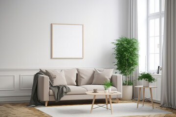 Scandinavian living room with blank poster frame, beige sofa, and green plant