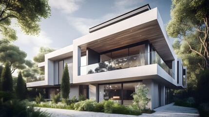 Fototapeta na wymiar This stunning stock image showcases a beautifully designed house featuring a sleek and stylish exterior with clean lines and a contemporary feel, perfectly integrated with the surrounding landscape.