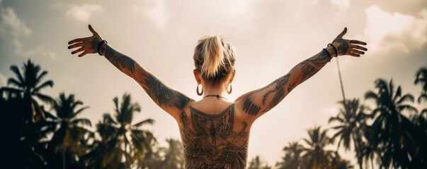 Blonde woman with tattoos, naked and free-spirited, arms raised to the sky to express her freedom, under a beautiful vacation setting. Tattoo visible on the back of the woman. Generative AI