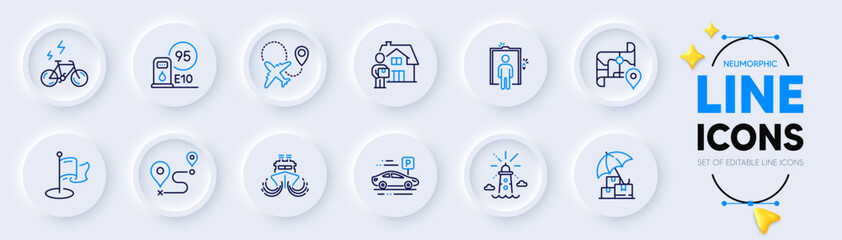 Ship, Car parking and Airplane line icons for web app. Pack of E-bike, Delivery man, Lighthouse pictogram icons. Petrol station, Elevator, Milestone signs. Delivery insurance, Journey, Map. Vector