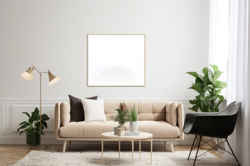Scandinavian living room with blank poster frame mockup