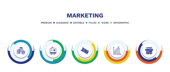 set of marketing filled icons. marketing filled icons with infographic template. flat icons such as enterprise, online store, coupon, yield, shop vector.