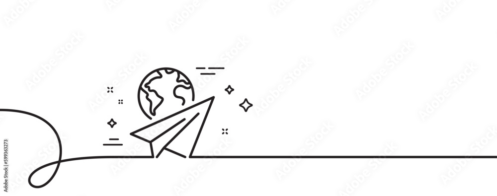 Poster paper plane line icon. continuous one line with curl. international flight sign. online travel symbo