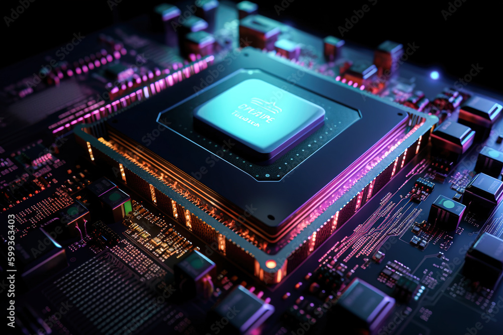 Poster circuit board with microchips in ultraviolet light. generative ai