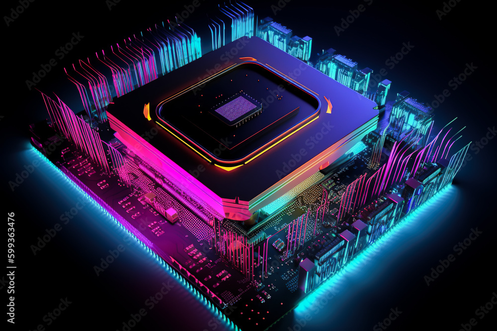 Poster circuit board with microchips in ultraviolet light. generative ai