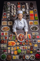 A female chef in the style of knolling surrounded of ingredients of her cuisine - ai generative