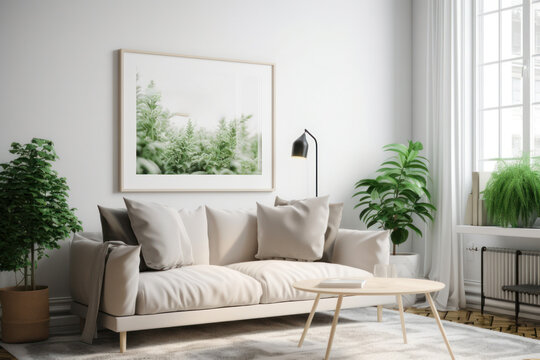 Scandinavian living room with blank poster frame mockup