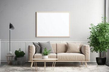 Scandinavian Living Room with Blank Poster Frame, Beige Sofa, and Green Plants