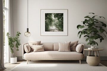 Scandinavian Living Room with Blank Poster Frame, Beige Sofa, and Green Plants