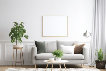 Fototapeta na wymiar Scandinavian Living Room with Blank Poster Frame, Beige Sofa, and Green Plants