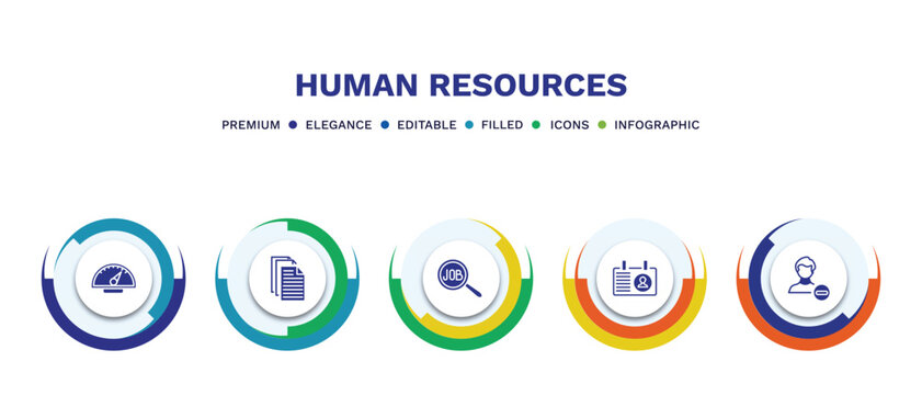 set of human resources filled icons. human resources filled icons with infographic template. flat icons such as balanced scorecard, files, job search, personal profile, remove user vector.