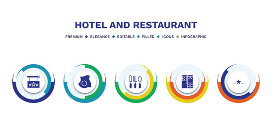 set of hotel and restaurant filled icons. hotel and restaurant filled icons with infographic template. flat icons such as hotel, fried egg, cutlery, checkroom, five stars vector.