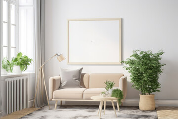 Scandinavian Living Room with Blank Poster Frame and Lush Plants