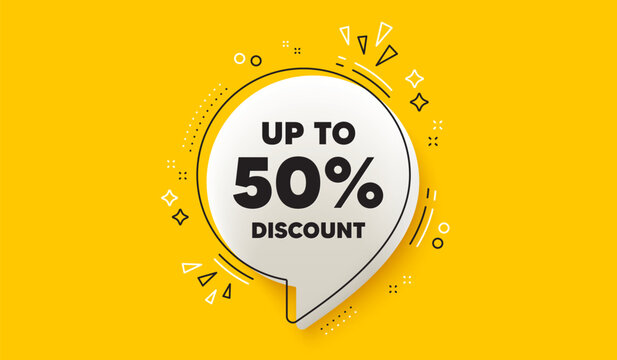 Up to 50 percent discount. 3d speech bubble yellow banner. Sale offer price sign. Special offer symbol. Save 50 percentages. Discount tag chat speech bubble message. Talk box infographics. Vector