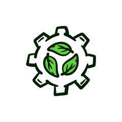 Sustainable gear engineering leaf recycle. Eco friendly green nature environment doodle icon logo vector illustration