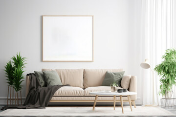 Fototapeta na wymiar Scandinavian Living Room with Blank Poster Frame and Lush Plants