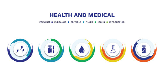 set of health and medical filled icons. health and medical filled icons with infographic template. flat icons such as sperm, syrup, blood, medical substance, proteins vector.