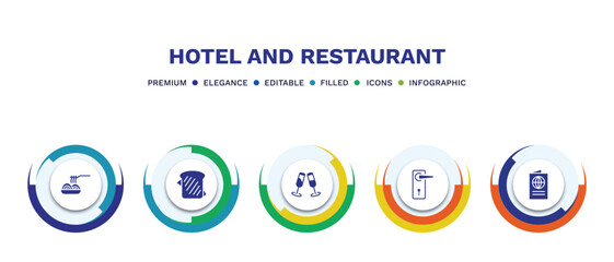 set of hotel and restaurant filled icons. hotel and restaurant filled icons with infographic template. flat icons such as spaghetti, sandwich, champagne, doorknob, passport vector.