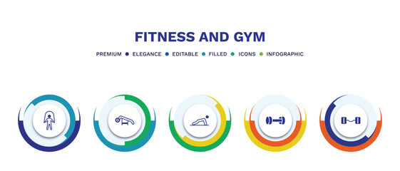 set of fitness and gym filled icons. fitness and gym filled icons with infographic template. flat icons such as skip rope, simulator for press, pushups exercises, lifting dumbbells, lifting barbell