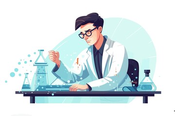 Scientist man in lab coat and glasses making experiment in chemical laboratory. Vector illustration