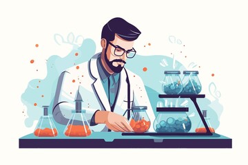 Scientist man in lab coat and glasses making experiment in chemical laboratory. Vector illustration