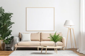Scandinavian Living Room with Blank Poster Frame and Lush Plants
