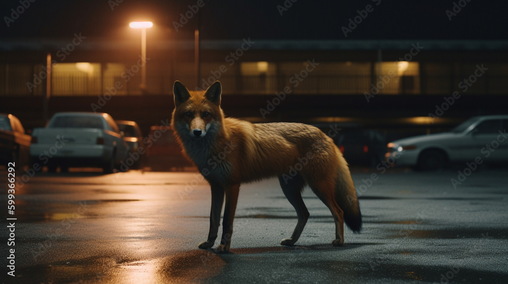 Poster A lone fox trotting through an empty parking Generative AI 