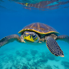 A close-up of a sea turtle swimming in clear blue water
