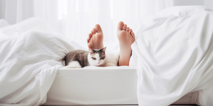 A cozy and funny cat takes a nap with his family, resting on white sheets next to bare feet. A warm scene that will encourage a moment of cocooning. Generative AI