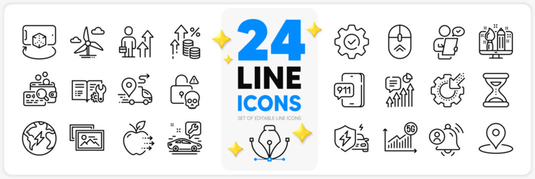 Icons set of 5g statistics, Business results and Emergency call line icons pack for app with Car service, Photo album, Swipe up thin outline icon. Augmented reality, Customer survey. Vector