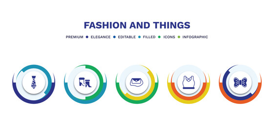 set of fashion and things filled icons. fashion and things filled icons with infographic template. flat icons such as stripped tie, woman boots, shoulder bag, gym clothes, elegante vector.