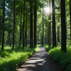 A peaceful forest trail with sunlight streaming through the trees