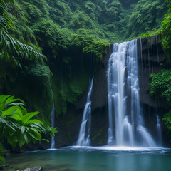 A stunning waterfall surrounded by lush greenery in a tropical forest