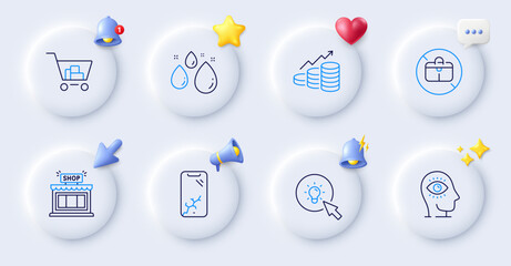 Smartphone broken, No handbag and Growth chart line icons. Buttons with 3d bell, chat speech, cursor. Pack of Water drop, Internet shopping, Shop icon. Meditation eye, Energy pictogram. Vector