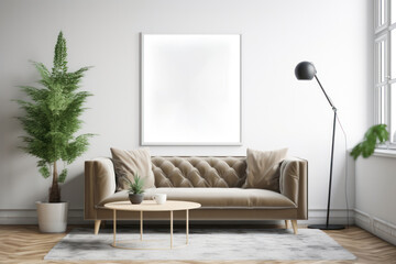Minimalist Scandinavian Living Room with Blank Poster Frame and Plants