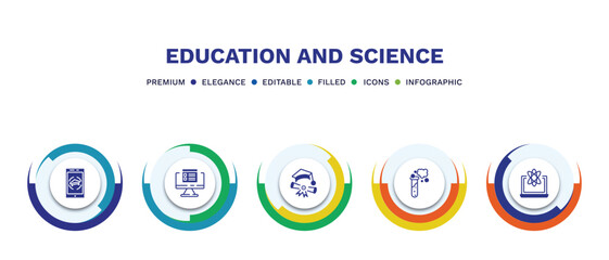 set of education and science filled icons. education and science filled icons with infographic template. flat icons such as smartphone app, online test, graduation pictures, full test tube,