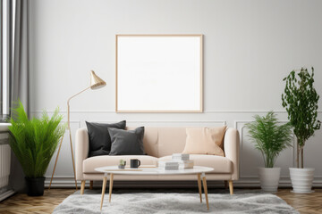 Minimalist Scandinavian Living Room with Blank Poster Frame and Plants