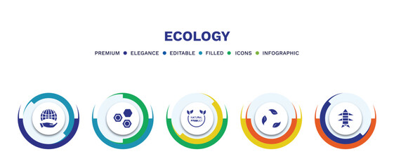 set of ecology filled icons. ecology filled icons with infographic template. flat icons such as globe on hand, eco power cells, natural product, recycling, electric station vector.