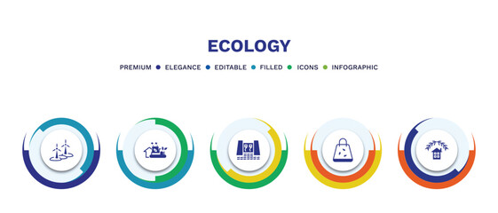 set of ecology filled icons. ecology filled icons with infographic template. flat icons such as wind mill, eco industry, dam, eco bag, ecological house vector.